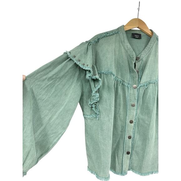 Vici Collection Green Stuffed Ruffle Shoulder Oversized Shacket Jacket Womens M - Picture 5 of 11